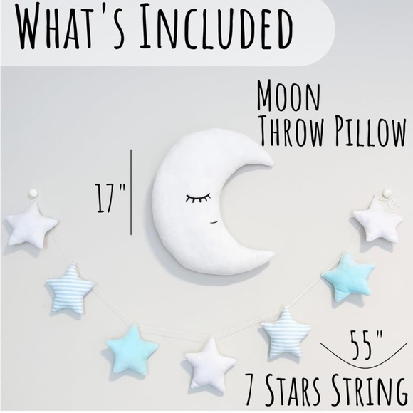 Perfectto Design Kid’s Moon Decorative Pillow, Stars Garland NEW - Picture 2 of 4